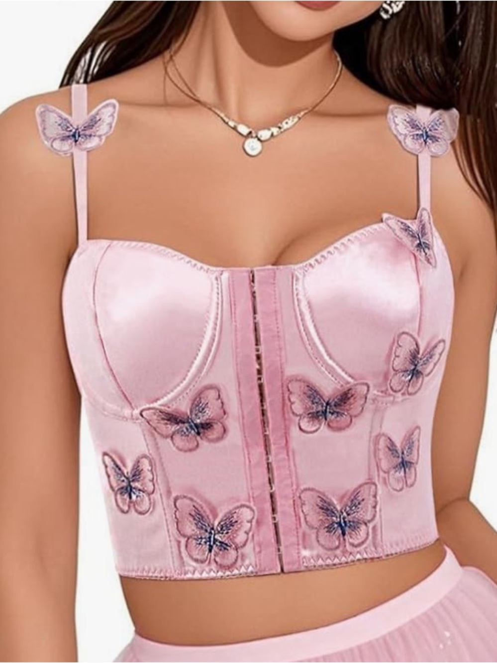 Pink satin butterfly 🦋 tank top crop embroidered bustier bralette shirt festival